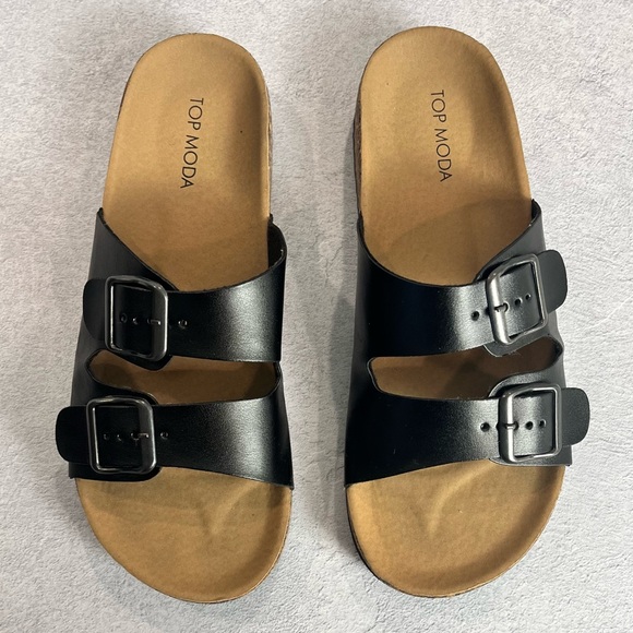 Top Moda black and tan sandals with straps that adjust - Picture 2 of 11